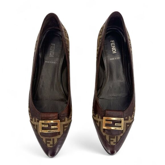 FENDI Brown Monogram FF Zucca Canvas Pointed Toe Ballet Flats Size IT37 - Picture 7 of 11